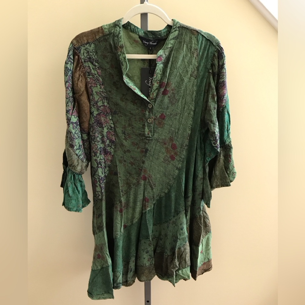 Boho Green Patchwork Tunic Dress - Vintage-Inspired